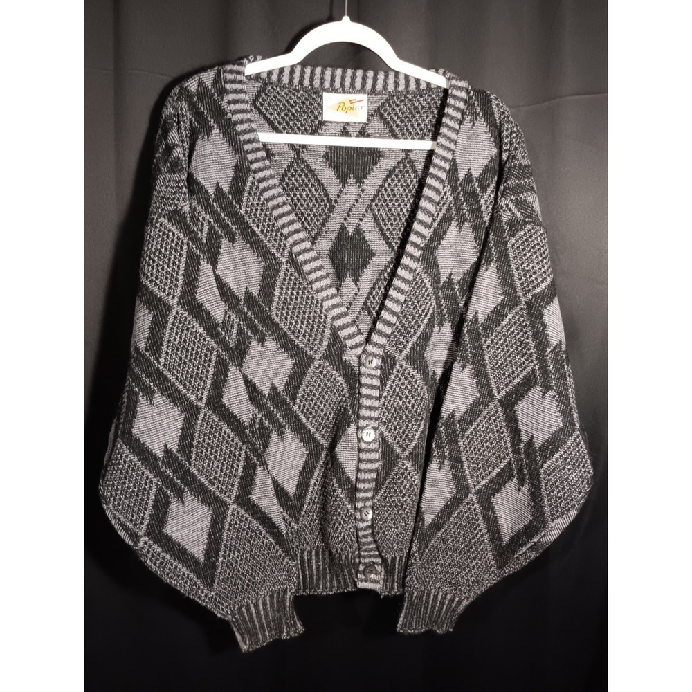 Vtg Poplar Black Gray Diamond Knit Button Front Oversized Cardigan XL USA Made
